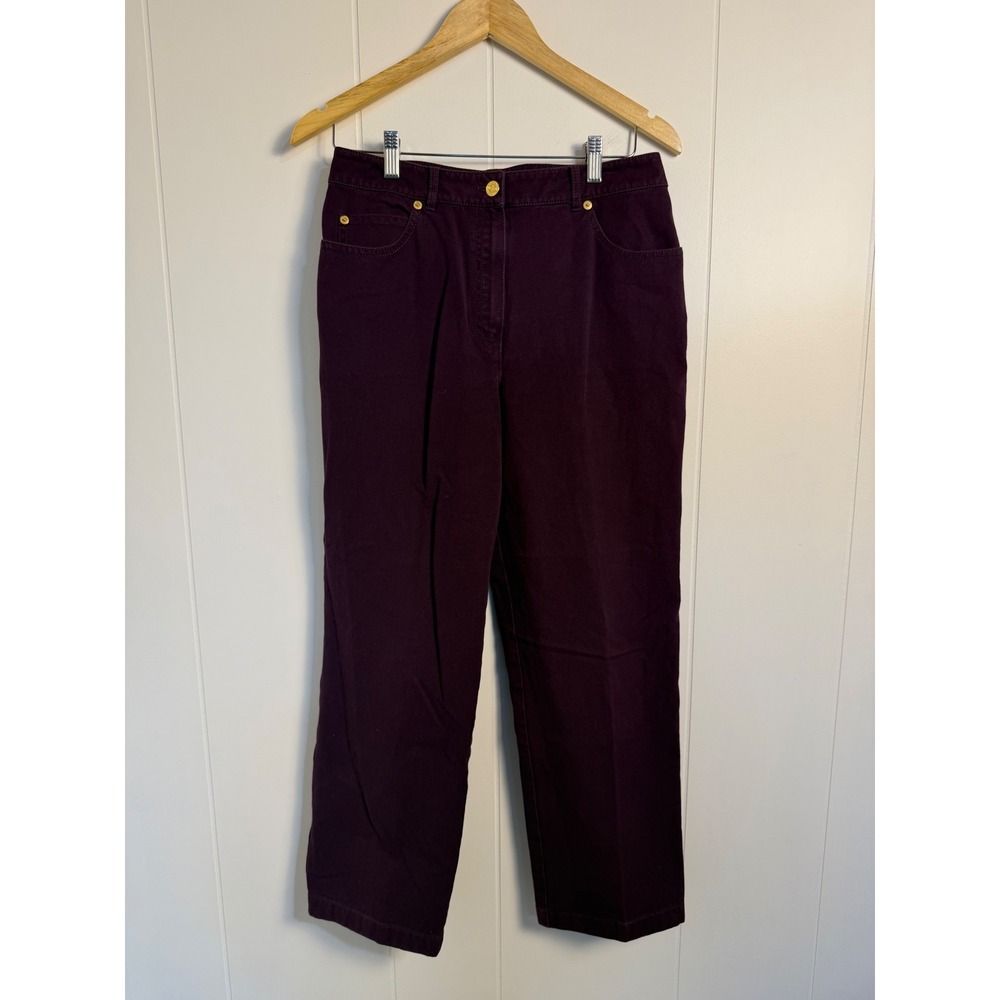 St. John Sport Pants 8 Purple Straight Leg Gold Logo Hardware Twill Trousers
